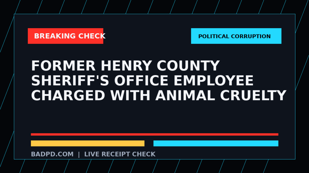 Symbolic editorial breaking-check graphic for Former Henry County Sheriff's Office employee charged with animal cruelty, not a depiction of the event.