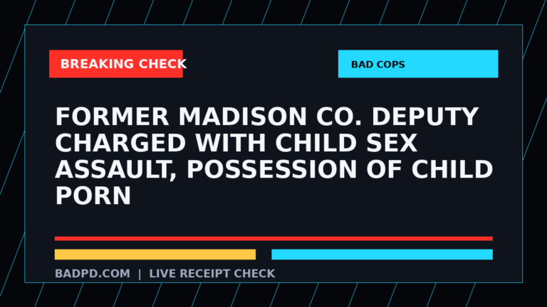 Symbolic editorial breaking-check graphic for Former Madison Co. deputy charged with child sex assault, possession of child porn, not a depiction of the event.