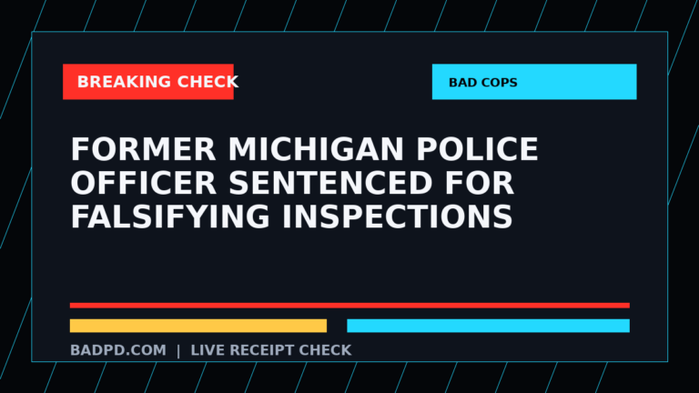 Symbolic editorial breaking-check graphic for Former Michigan police officer sentenced for falsifying inspections, not a depiction of the event.