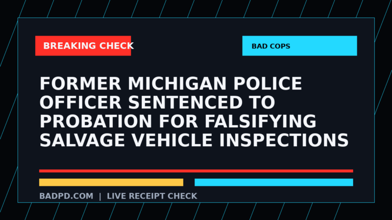 Symbolic editorial breaking-check graphic for Former Michigan police officer sentenced to probation for falsifying salvage vehicle inspections, not a depiction of the event.
