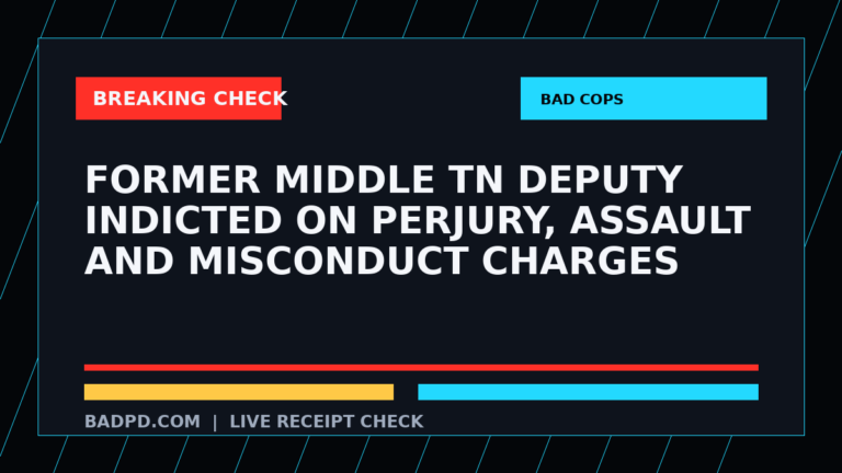Symbolic editorial breaking-check graphic for Former Middle TN deputy indicted on perjury, assault and misconduct charges, not a depiction of the event.