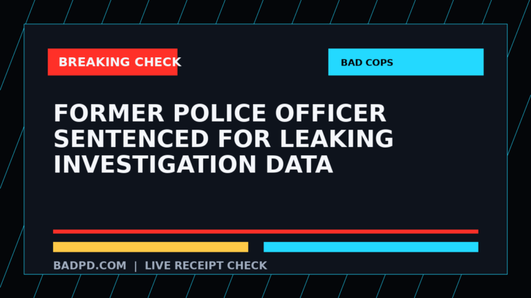 Symbolic editorial breaking-check graphic for Former Police Officer Sentenced for Leaking Investigation Data, not a depiction of the event.