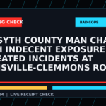 Symbolic editorial breaking-check graphic for Forsyth County man charged with indecent exposure after repeated incidents at Lewisville-Clemmons Road, Sheriff reports, not a depiction of the event.