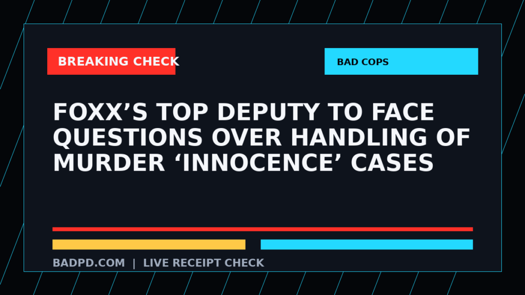 Symbolic editorial breaking-check graphic for Foxx’s top deputy to face questions over handling of murder ‘innocence’ cases, not a depiction of the event.