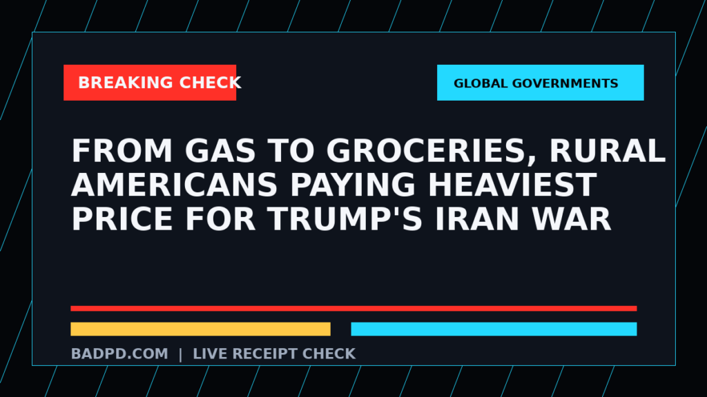 Symbolic editorial breaking-check graphic for From Gas to Groceries, Rural Americans Paying Heaviest Price for Trump's Iran War, not a depiction of the event.