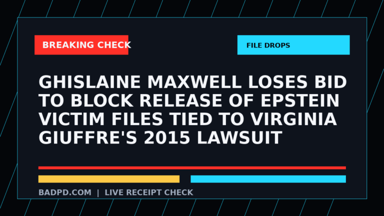 Symbolic editorial breaking-check graphic for Ghislaine Maxwell Loses Bid to Block Release of Epstein Victim Files Tied to Virginia Giuffre's 2015 Lawsuit, not a depiction of the event.