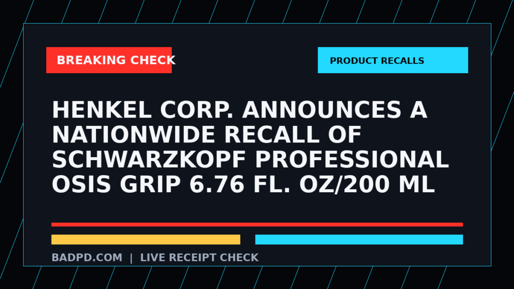 Symbolic editorial breaking-check graphic for Henkel Corp. Announces a Nationwide Recall of Schwarzkopf Professional Osis Grip 6.76 fl. Oz/200 ml Due to Packaging Imperfection, not a depiction of the event.