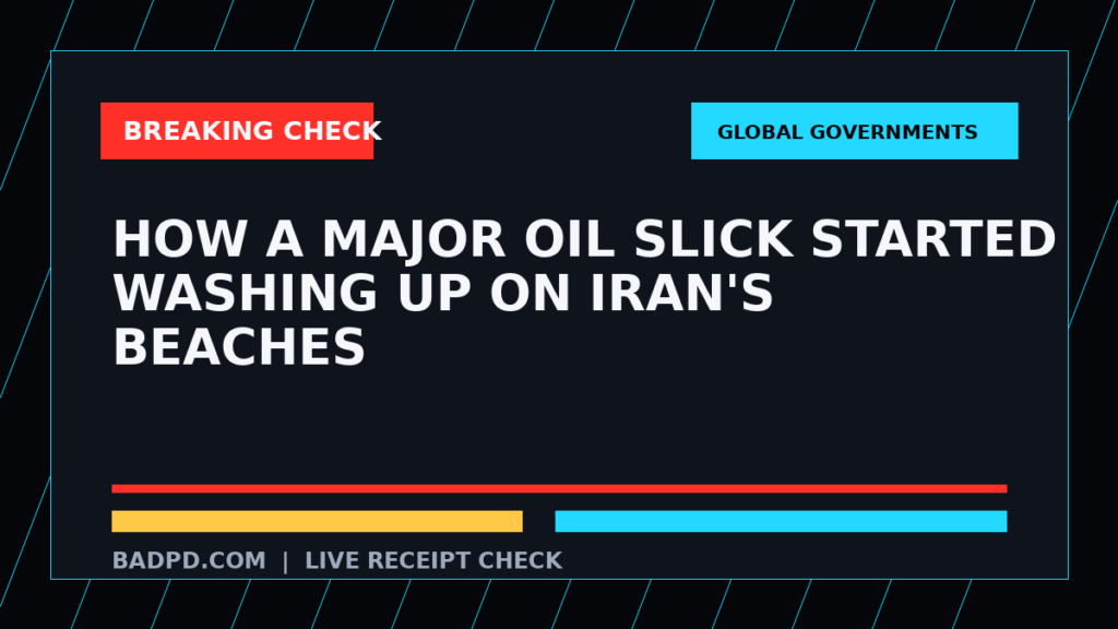 Symbolic editorial breaking-check graphic for How a major oil slick started washing up on Iran's beaches, not a depiction of the event.