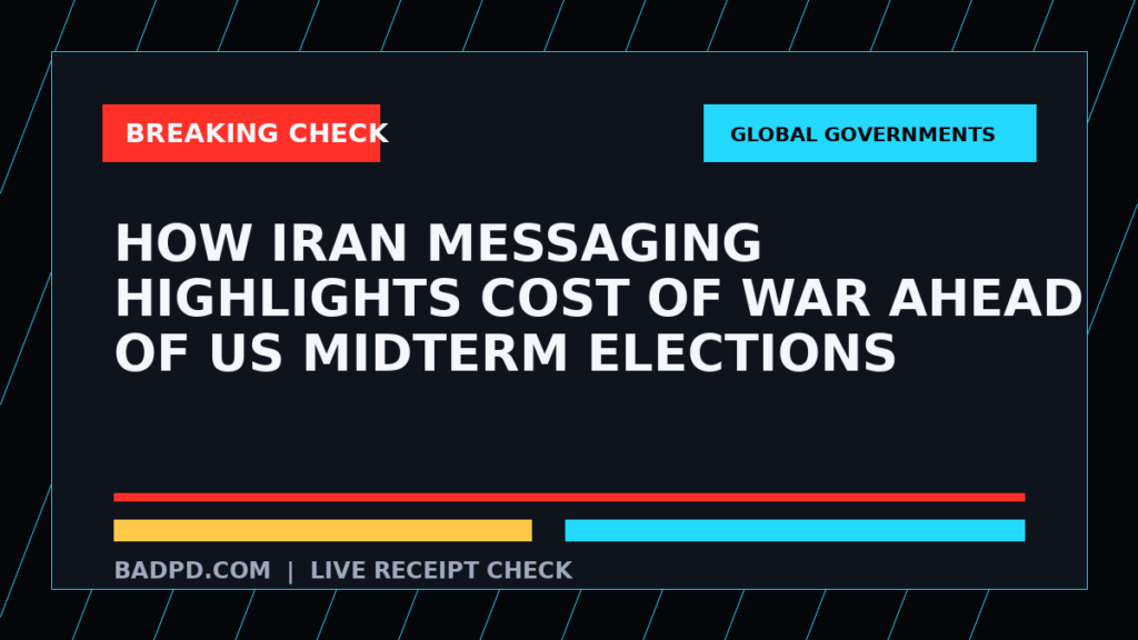 Symbolic editorial breaking-check graphic for How Iran messaging highlights cost of war ahead of US midterm elections, not a depiction of the event.