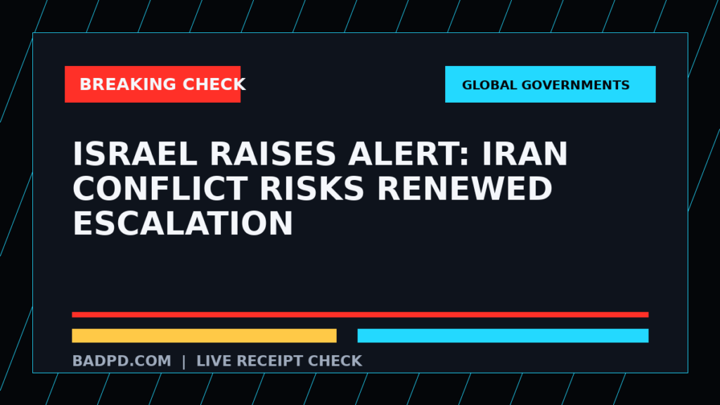 Symbolic editorial breaking-check graphic for Israel raises alert: Iran conflict risks renewed escalation, not a depiction of the event.