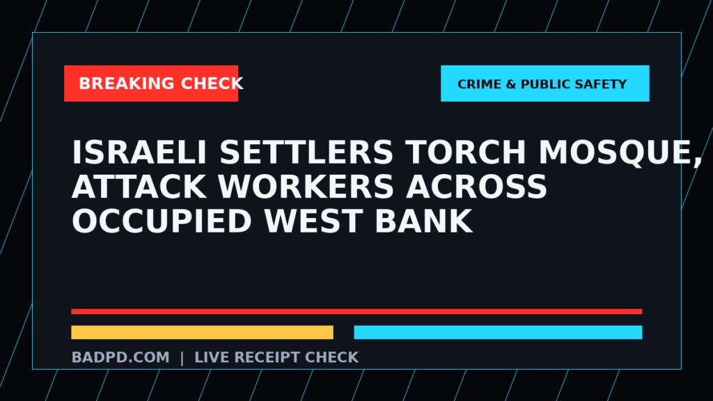 Symbolic editorial breaking-check graphic for Israeli settlers torch mosque, attack workers across occupied West Bank, not a depiction of the event.