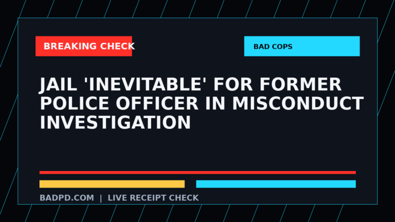 Symbolic editorial breaking-check graphic for Jail 'inevitable' for former police officer in misconduct investigation, not a depiction of the event.