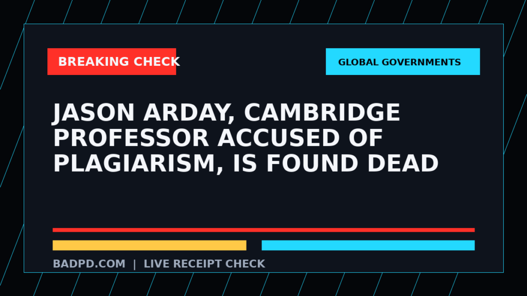 Symbolic editorial breaking-check graphic for Jason Arday, Cambridge professor accused of plagiarism, is found dead, not a depiction of the event.