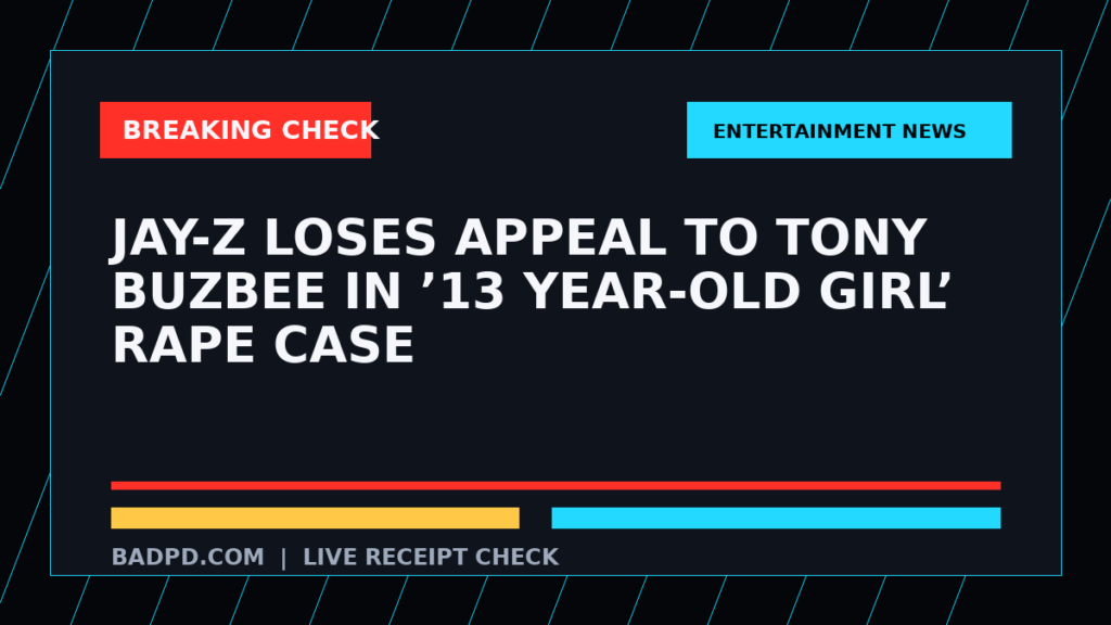Symbolic editorial breaking-check graphic for Jay-Z Loses Appeal to Tony Buzbee in ’13 Year-Old Girl’ Rape Case, not a depiction of the event.