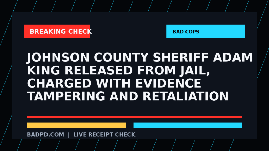 Symbolic editorial breaking-check graphic for Johnson County Sheriff Adam King released from jail, charged with evidence tampering and retaliation, not a depiction of the event.