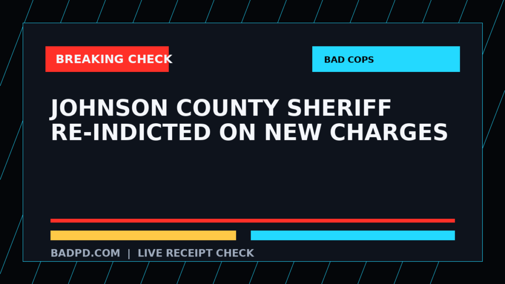 Symbolic editorial breaking-check graphic for Johnson County sheriff re-indicted on new charges, not a depiction of the event.