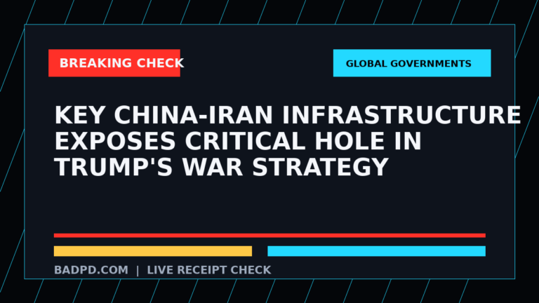 Symbolic editorial breaking-check graphic for Key China-Iran infrastructure exposes critical hole in Trump's war strategy, not a depiction of the event.