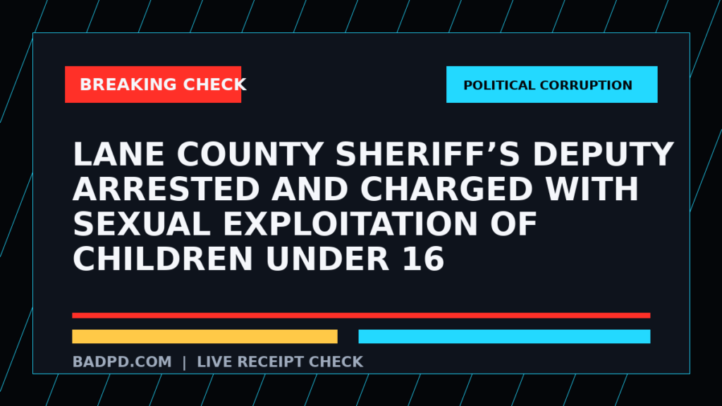 Symbolic editorial breaking-check graphic for Lane County sheriff’s deputy arrested and charged with sexual exploitation of children under 16, not a depiction of the event.