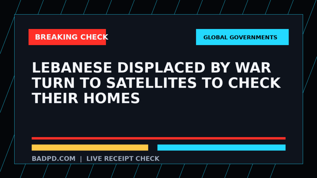 Symbolic editorial breaking-check graphic for Lebanese displaced by war turn to satellites to check their homes, not a depiction of the event.