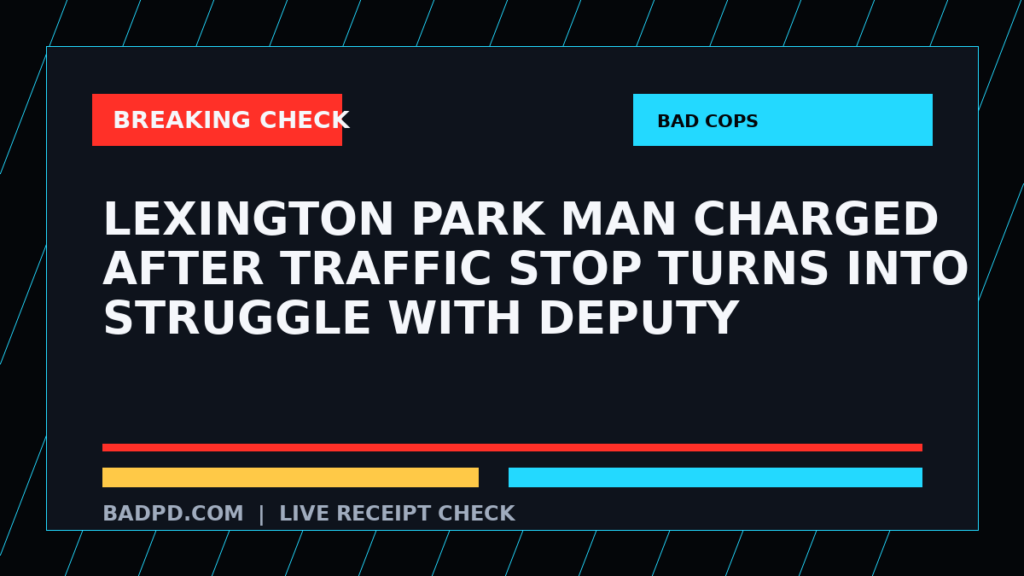 Symbolic editorial breaking-check graphic for Lexington Park Man Charged After Traffic Stop Turns Into Struggle With Deputy, not a depiction of the event.