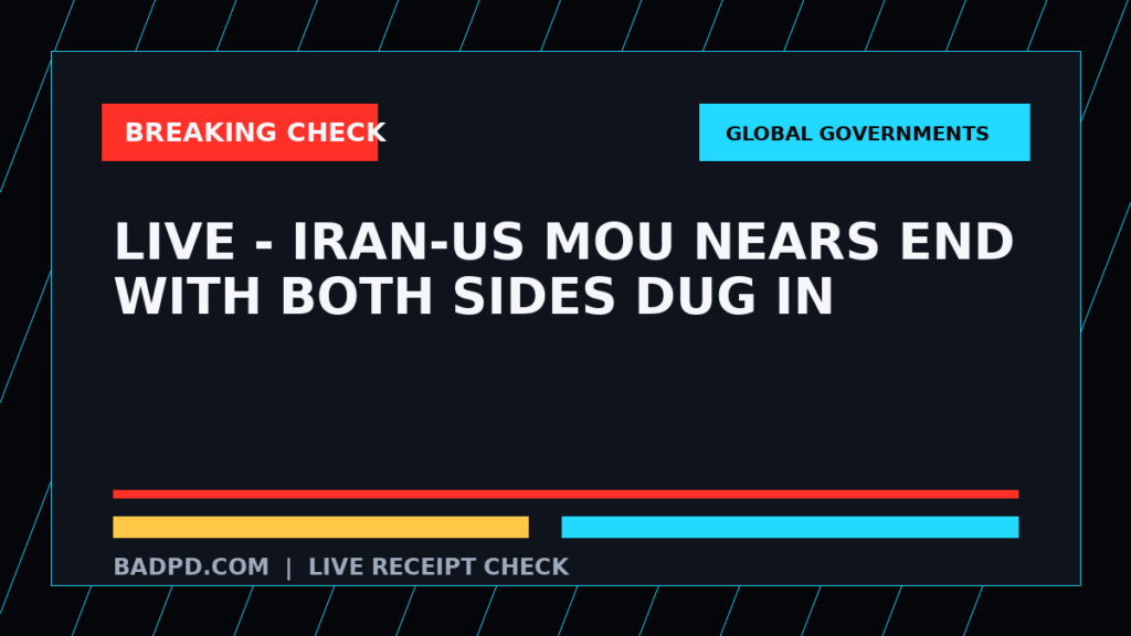 Symbolic editorial breaking-check graphic for Live - Iran-US MoU nears end with both sides dug in, not a depiction of the event.