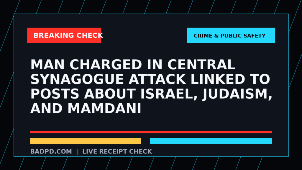 Symbolic editorial breaking-check graphic for Man charged in Central Synagogue attack linked to posts about Israel, Judaism, and Mamdani, not a depiction of the event.