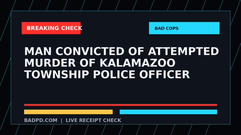 Symbolic editorial breaking-check graphic for Man convicted of attempted murder of Kalamazoo Township police officer, not a depiction of the event.