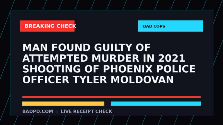 Symbolic editorial breaking-check graphic for Man found guilty of attempted murder in 2021 shooting of Phoenix police officer Tyler Moldovan, not a depiction of the event.
