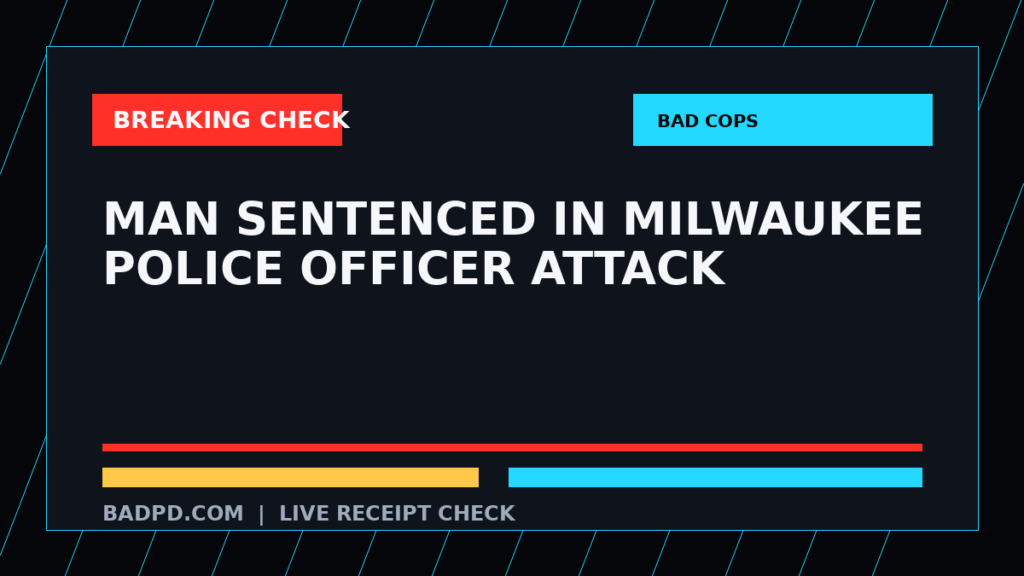Symbolic editorial breaking-check graphic for Man Sentenced in Milwaukee Police Officer Attack, not a depiction of the event.