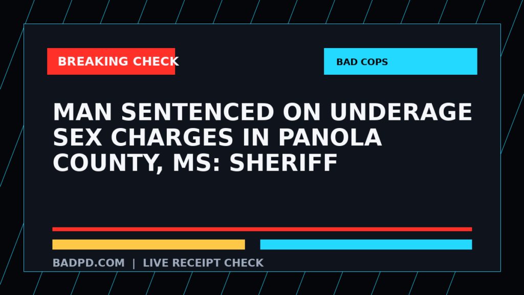 Symbolic editorial breaking-check graphic for Man sentenced on underage sex charges in Panola County, MS: sheriff, not a depiction of the event.