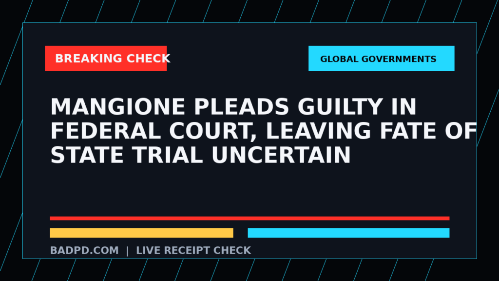 Symbolic editorial breaking-check graphic for Mangione pleads guilty in federal court, leaving fate of state trial uncertain, not a depiction of the event.