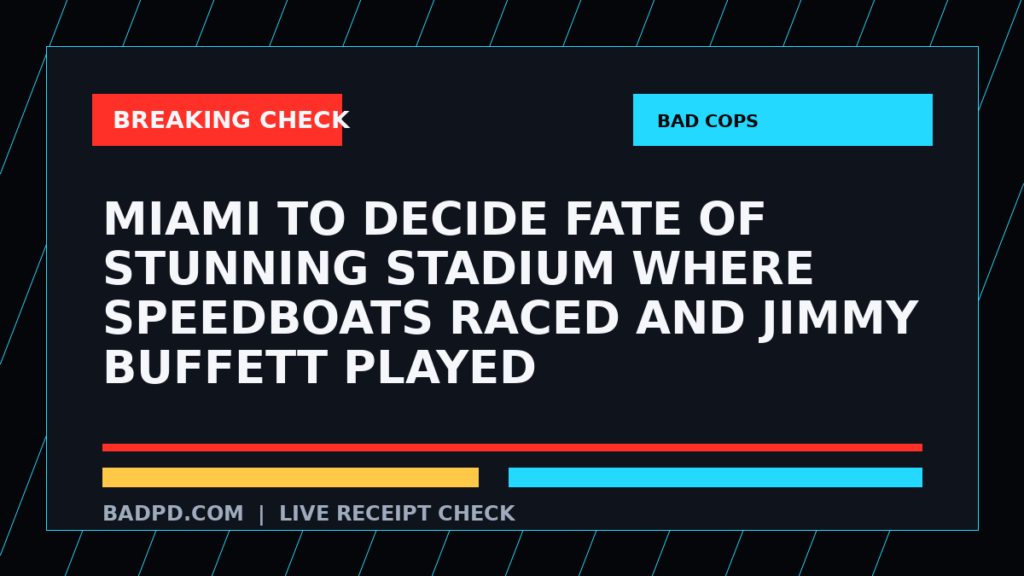 Symbolic editorial breaking-check graphic for Miami to decide fate of stunning stadium where speedboats raced and Jimmy Buffett played, not a depiction of the event.