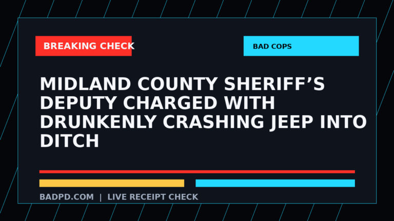 Symbolic editorial breaking-check graphic for Midland County Sheriff’s deputy charged with drunkenly crashing Jeep into ditch, not a depiction of the event.