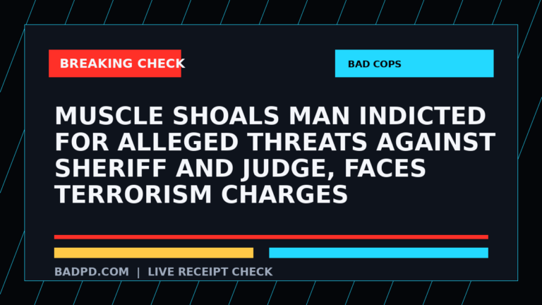 Symbolic editorial breaking-check graphic for Muscle Shoals man indicted for alleged threats against sheriff and judge, faces terrorism charges, not a depiction of the event.