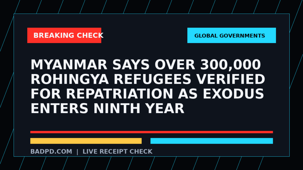 Symbolic editorial breaking-check graphic for Myanmar says over 300,000 Rohingya refugees verified for repatriation as exodus enters ninth year, not a depiction of the event.