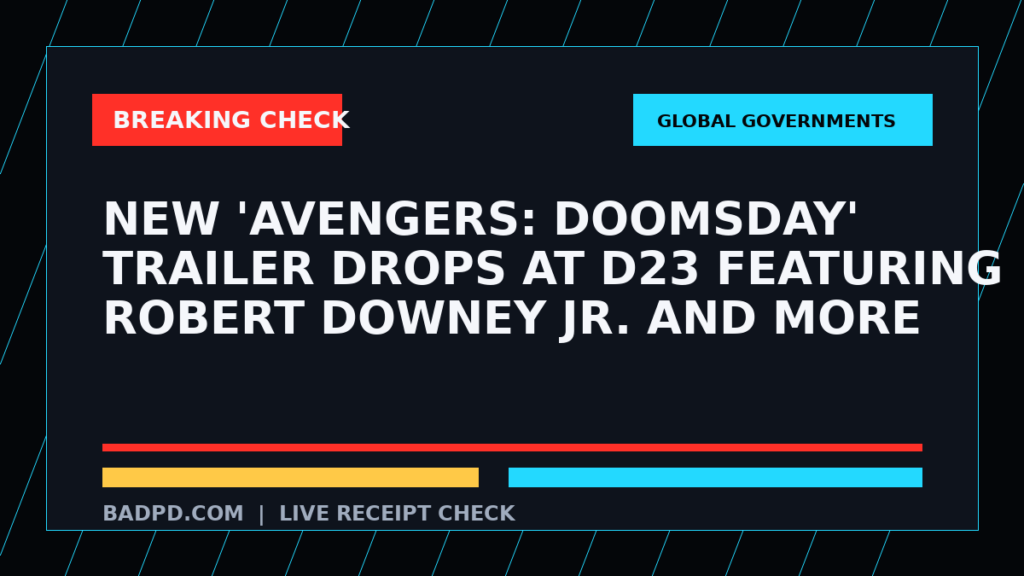 Symbolic editorial breaking-check graphic for New 'Avengers: Doomsday' trailer drops at D23 featuring Robert Downey Jr. and more, not a depiction of the event.