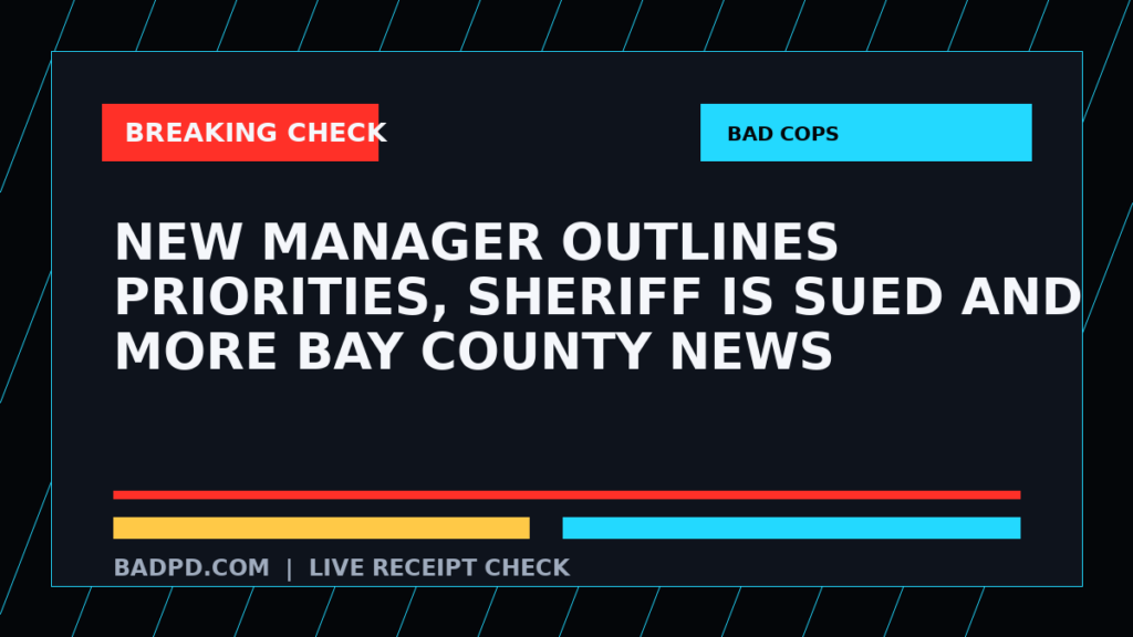 Symbolic editorial breaking-check graphic for New manager outlines priorities, sheriff is sued and more Bay County news, not a depiction of the event.