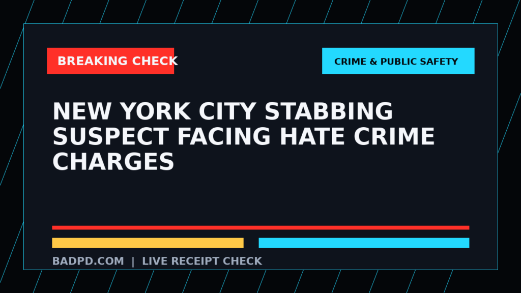 Symbolic editorial breaking-check graphic for New York City stabbing suspect facing hate crime charges, not a depiction of the event.