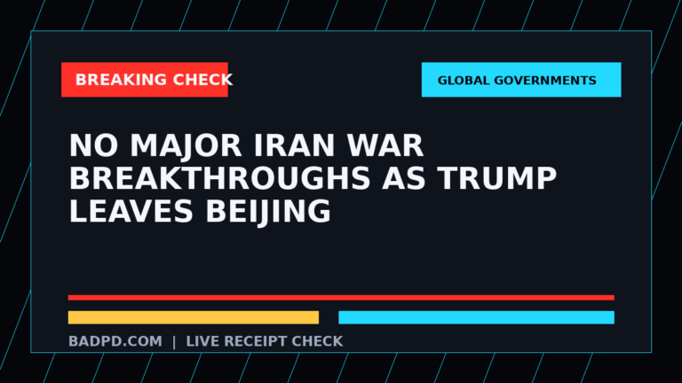 Symbolic editorial breaking-check graphic for No major Iran war breakthroughs as Trump leaves Beijing, not a depiction of the event.