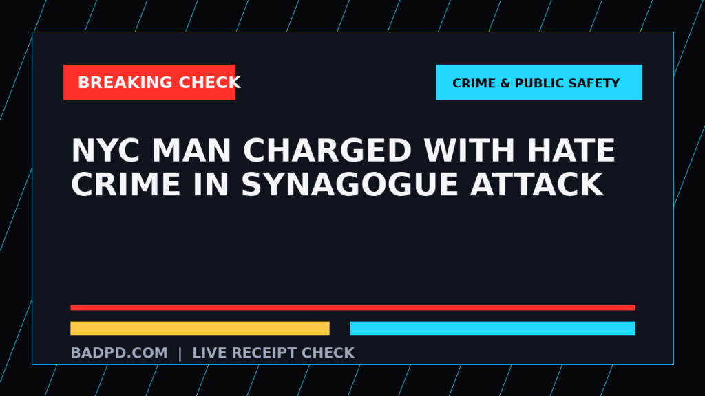 Symbolic editorial breaking-check graphic for NYC man charged with hate crime in synagogue attack, not a depiction of the event.
