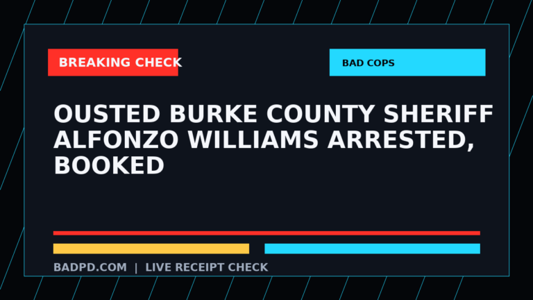 Symbolic editorial breaking-check graphic for Ousted Burke County Sheriff Alfonzo Williams arrested, booked, not a depiction of the event.