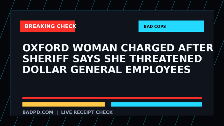 Symbolic editorial breaking-check graphic for Oxford woman charged after sheriff says she threatened Dollar General employees, not a depiction of the event.