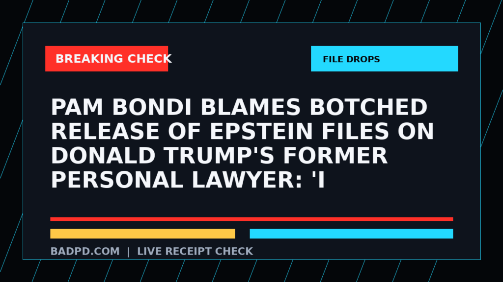 Symbolic editorial breaking-check graphic for Pam Bondi Blames Botched Release of Epstein Files on Donald Trump's Former Personal Lawyer: 'I Delegated Oversight', not a depiction of the event.