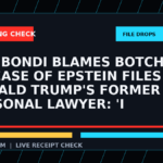 Symbolic editorial breaking-check graphic for Pam Bondi Blames Botched Release of Epstein Files on Donald Trump's Former Personal Lawyer: 'I Delegated Oversight', not a depiction of the event.