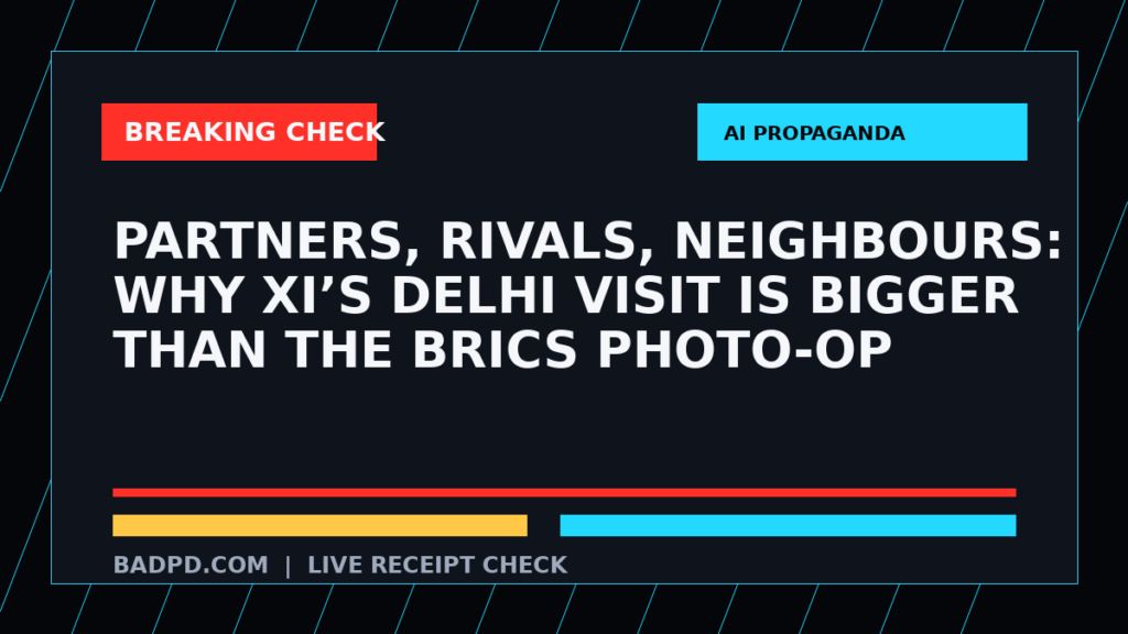 Symbolic editorial breaking-check graphic for Partners, rivals, neighbours: Why Xi’s Delhi visit is bigger than the Brics photo-op, not a depiction of the event.