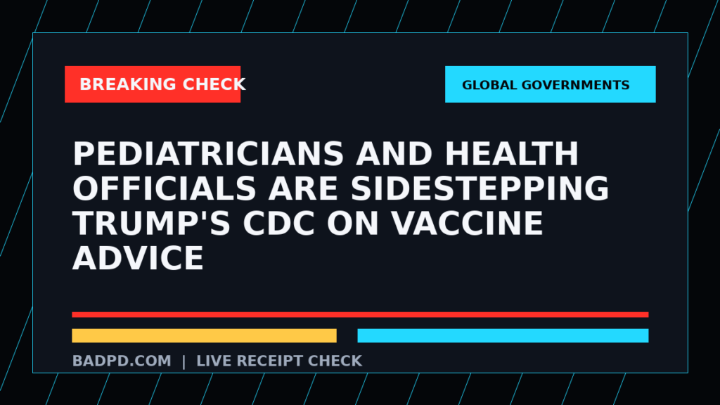 Symbolic editorial breaking-check graphic for Pediatricians and health officials are sidestepping Trump's CDC on vaccine advice, not a depiction of the event.