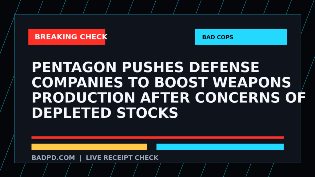 Symbolic editorial breaking-check graphic for Pentagon pushes defense companies to boost weapons production after concerns of depleted stocks, not a depiction of the event.