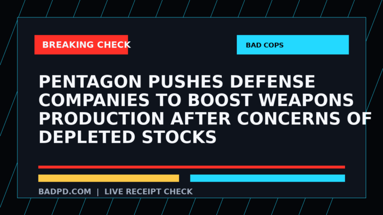 Symbolic editorial breaking-check graphic for Pentagon pushes defense companies to boost weapons production after concerns of depleted stocks, not a depiction of the event.