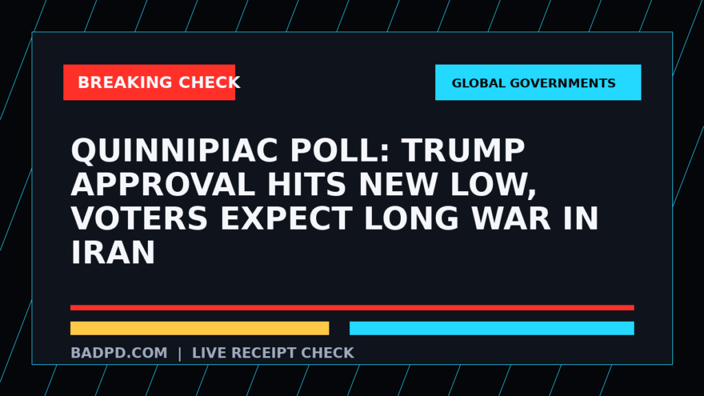 Symbolic editorial breaking-check graphic for Quinnipiac Poll: Trump Approval Hits New Low, Voters Expect Long War In Iran, not a depiction of the event.