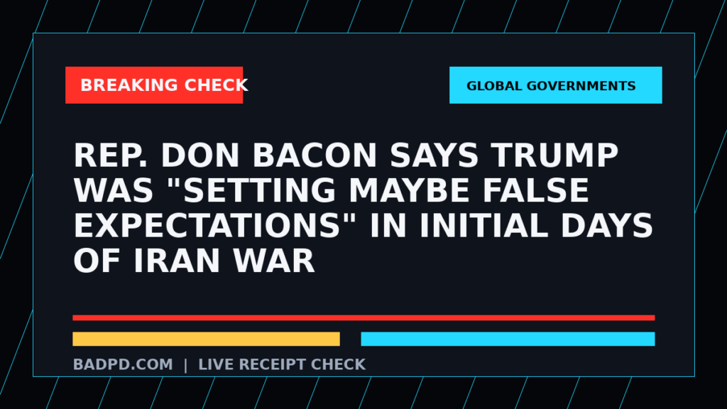 Symbolic editorial breaking-check graphic for Rep. Don Bacon says Trump was "setting maybe false expectations" in initial days of Iran war, not a depiction of the event.